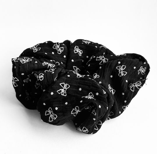 Avizar Scrunchie Clasic Pentru Păr Din Material Creponat Fundă Imprimată Negru Negru