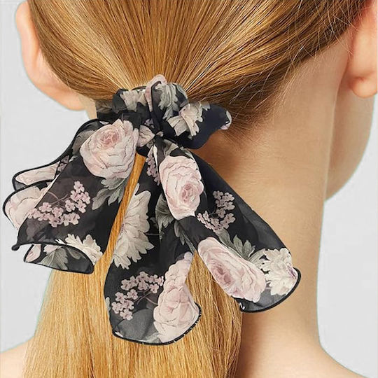 Avizar Scrunchie Scarf Hair In Thick Veil Maxi Floral Bohème Chic Noir Black