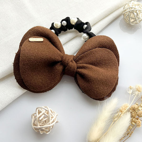 Avizar Scrunchie Elegant Hair In Satin Bow Pearls Refined Brown Brown