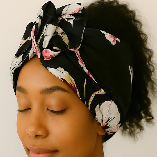Avizar Banner Style Turban Hair In Flowered Cotton Spring Black Black
