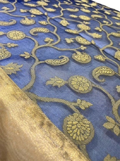 Kariert Tischdecke Blau Mit Goldenem Muster