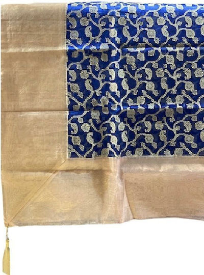 Kariert Tischdecke Blau Mit Goldenem Muster