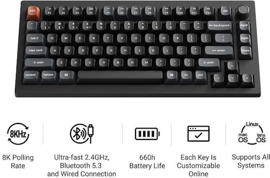 Keychron V1 Ultra 8K V1U-D1 Безжична Гейминг Механична Клавиатура с Keychron Silk POM Червени Превключватели и RGB Осветление (Английски US)