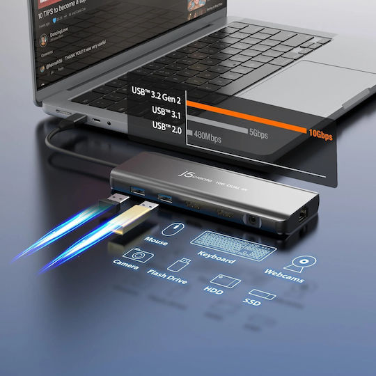 J5create JCD398 USB-C Docking Station με HDMI 4K PD Ethernet
