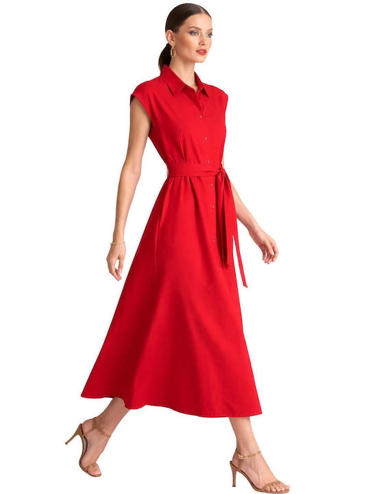 Summer Midi Shirt Dress Short Sleeve Red