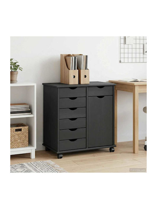 Office Cabinet Made of Solid Wood with Wheels & Drawers Natural 63.5x39x65.5cm