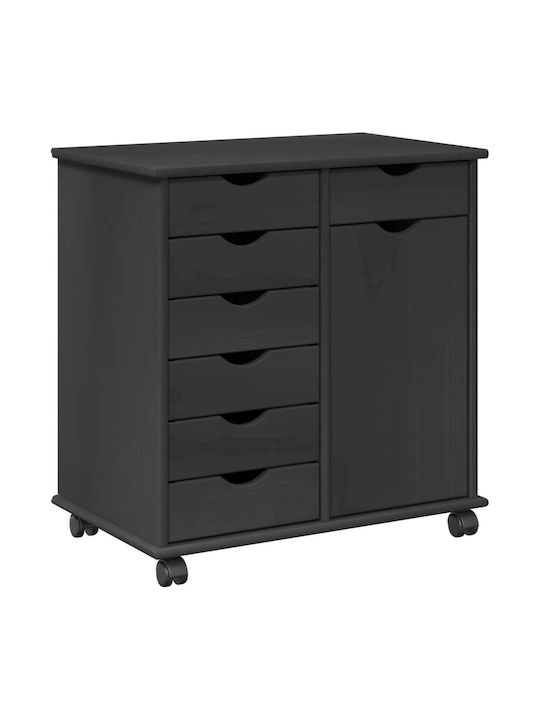 Office Cabinet Made of Solid Wood with Wheels & Drawers Natural 63.5x39x65.5cm