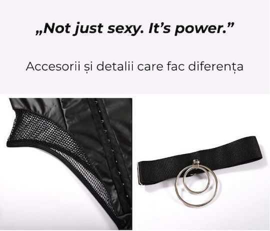 Set De Lenjerie Sexy 2 Bucăți Din Piele Eco Plasă Sutien Push-Up Colier Inel Metalic + Ambalaj Cadou Negru