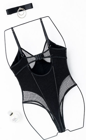 Set De Lenjerie Sexy 2 Bucăți Din Piele Eco Plasă Sutien Push-Up Colier Inel Metalic + Ambalaj Cadou Negru