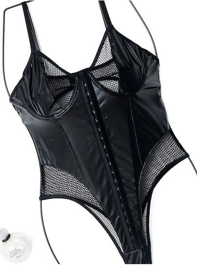 Set De Lenjerie Sexy 2 Bucăți Din Piele Eco Plasă Sutien Push-Up Colier Inel Metalic + Ambalaj Cadou Negru
