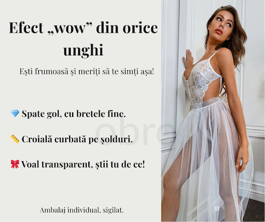 Set De Lenjerie Sexy 2 Bucăți Alb Cu Dantelă Body Erotic Și Fustă Transparentă Din Voal Ambalaj Cadou