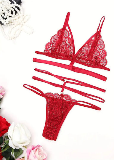 Sexy 2-piece Lingerie Set Bra & Thong Red Lace Straps + Gift Box Included