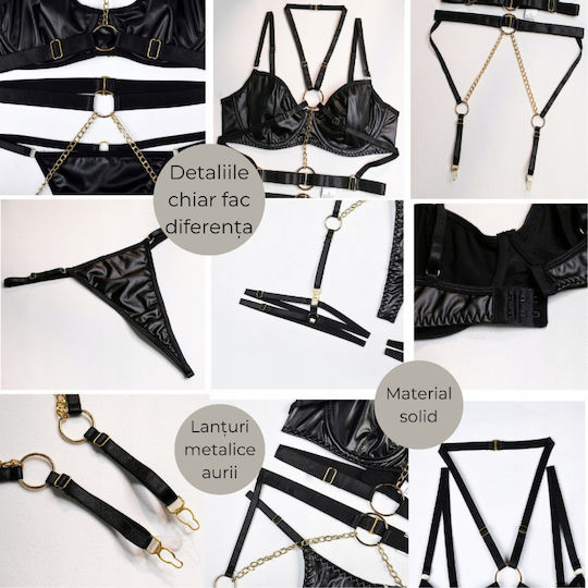 Set De Lenjerie Sexy 6 Bucăți – Body Harness Cupe Captusite Și Lanțuri Aurii Negre