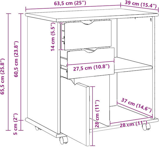 Office Storage Drawer from Solid Wood with Wheels Brown 63.5x39x65.5cm