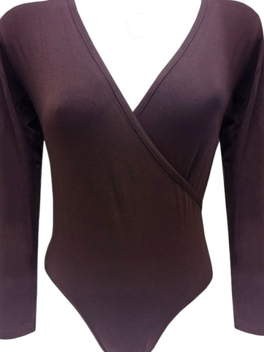 Helios Κορμάκι Kρουαζέ V-neck Mακρυμάνικο Micromodal Art.84051 Σοκολα