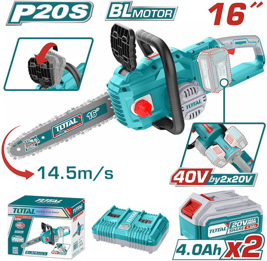 Total Αλυσοπρίονο Μπαταρίας 2x4Ah Brushless 20V 7kg με Λάμα 40cm