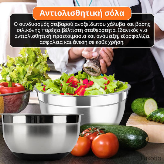 Set 6 Stainless Steel Mixing Bowls Lids Non-Slip Silicone Base Smart Storage Airtight Closure 3 Graters