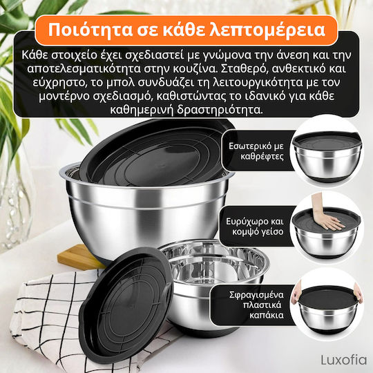 Set 6 Stainless Steel Mixing Bowls Lids Non-Slip Silicone Base Smart Storage Airtight Closure 3 Graters