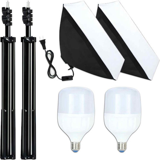 Set 2 Softboxuri Zola Lumină Continuă 5500 K 2 Becuri 30w 50x70 Cm Trepied Reglabil 95-200 Cm Filet 1/4" Aluminiu ABS Negru