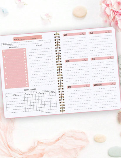 Spiral Planner Agenda Weekly Organization Habit Tracker To-do List Pink A5