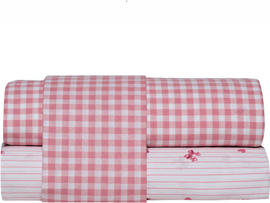Kentia Σετ Σεντόνια Μονά Βαμβακερά Sassy White-pink 160x270cm 3τμχ