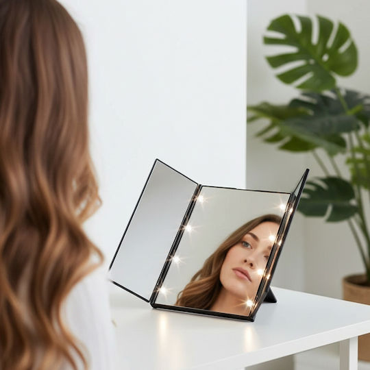 Avizar Triptych Makeup Mirror Integrated Led Lighting Foldable Wings Black