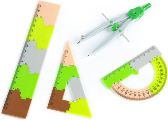 Set De 4 Piese Instrumente Geometrice Zola Riglă 20 Cm Set Echer Transportor Compas Design Minecraft
