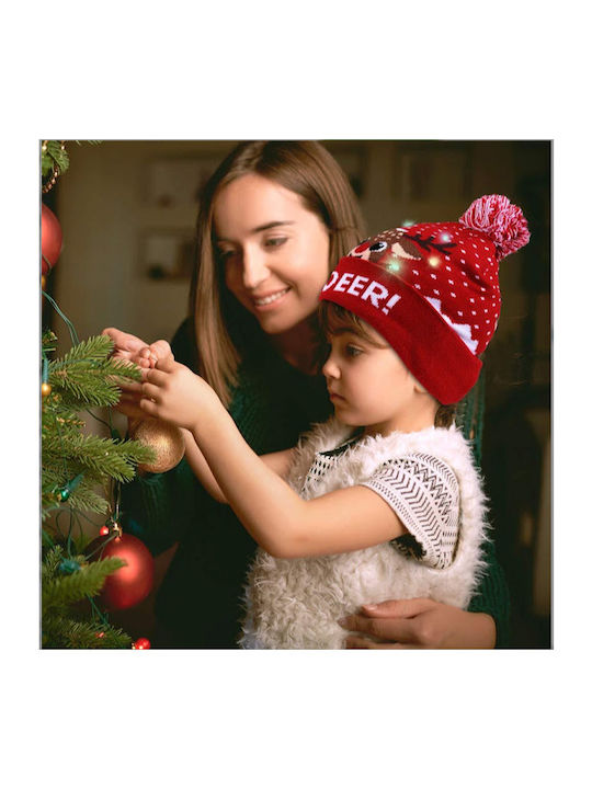 Christmas Hat Led Lighting Reindeer Pattern Red Pom-pom Knitted Warm One Size 21x20 Cm