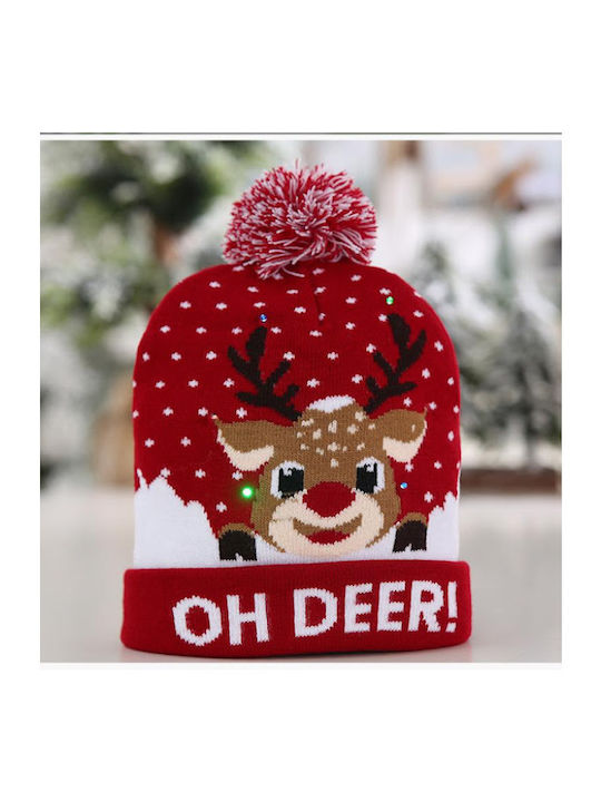 Christmas Hat Led Lighting Reindeer Pattern Red Pom-pom Knitted Warm One Size 21x20 Cm