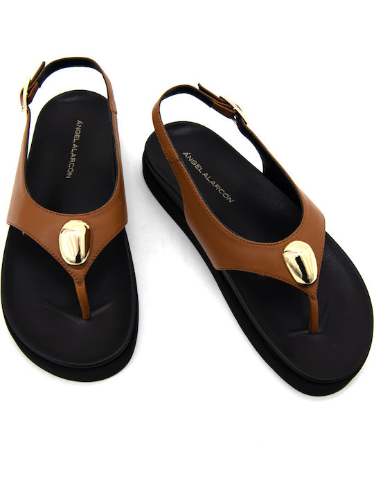 Leather Women's Flat Sandals Tabac Brown 26088 Bio Next Cuoio