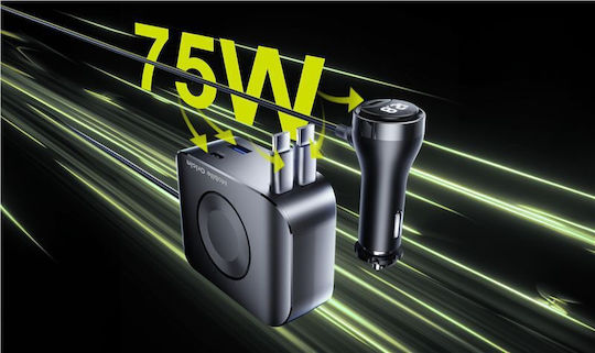 Mobile Origin Car Charger 75W 3A Fast Charging with Ports: 1xUSB 2xType-C with Cable Type-C Black Color