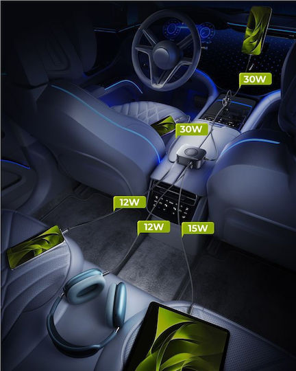 Mobile Origin Car Charger 75W 3A Fast Charging with Ports: 1xUSB 2xType-C with Cable Type-C Black Color