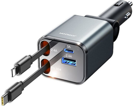 Joyroom JR-CCL05 Φορτιστής Αυτοκινήτου 30W με Θύρες: 1xUSB 1xType-C μαζί με Καλώδιο Lightning / Type-C Γκρι Χρώμα