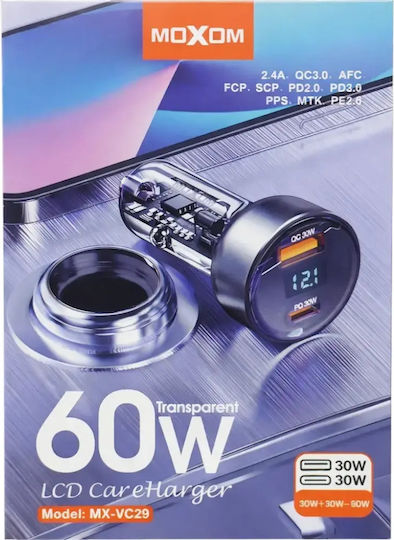 Moxom MX-VC29 Auto-Ladegerät 60W Schnellladen mit Anschlüssen 1xUSB 1xType-C Schwarz