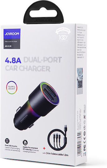 Joyroom JR-CL10 Φορτιστής Αυτοκινήτου 24W με Θύρες: 2xUSB μαζί με Καλώδιο Lightning / Micro-USB / Type-C Μαύρο Χρώμα