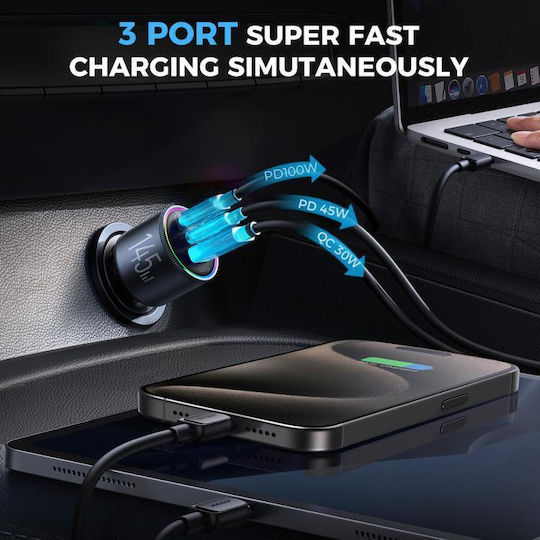 Joyroom Car Charger 145W 5A with Ports 1xUSB 2xType-C with Type-C Cable Grey Colour