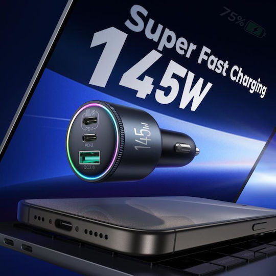 Joyroom Car Charger 145W 5A with Ports 1xUSB 2xType-C with Type-C Cable Grey Colour