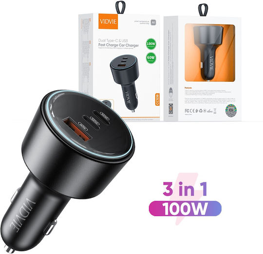 Vidvie Încărcător Auto Cu Mufă De Brichetă 60W Încărcare Rapidă Cu Porturi 1xUSB-A 1xType-C Cu Cablu Type-C Culoare Neagră