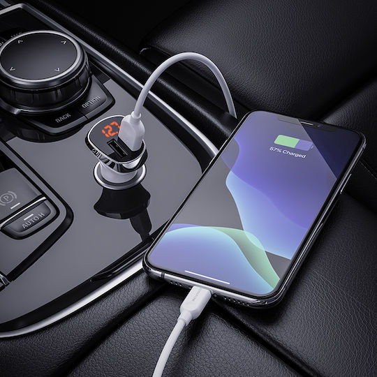 Borofone BZ15 LCD Car Charger 2.4A with Ports: 2xUSB with Cable Lightning and Voltmeter White Color