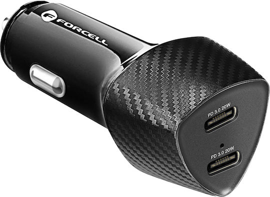 Forcell Автомобилен Заряден Устройство 40W Бързо Зареждане с 2x USB-C Порта Черен Цвят