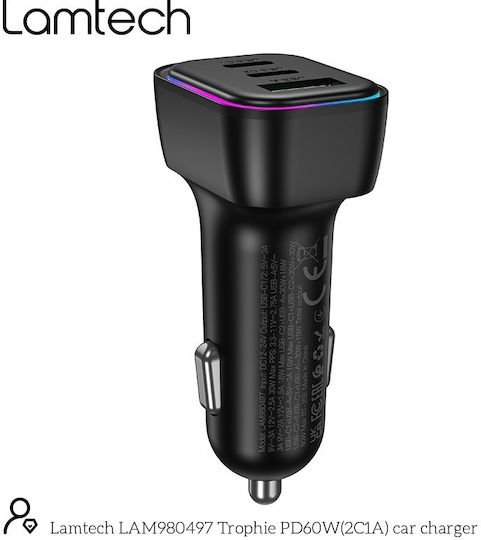 Lamtech Car Charger 60W 2.75A Fast Charging with Ports: 1xUSB 2xType-C with Cable Embedded Black Color