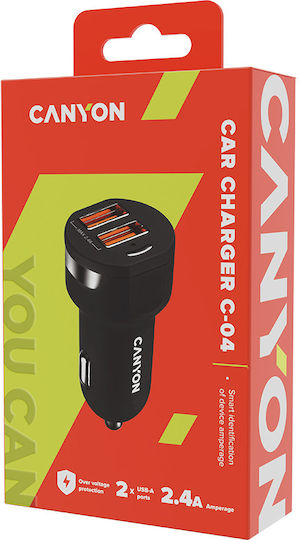 Canyon Автомобилен Заряден Устройство 2.4A с Портове 2xUSB-A Черен Цвят