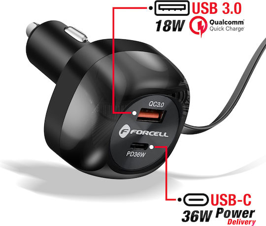 Forcell F-energy Auto-Ladegerät 75W 3A Schnellladung mit Anschlüssen: 1xUSB 1xType-C mit Kabel Typ-C,TC-TC Schwarz Farbe