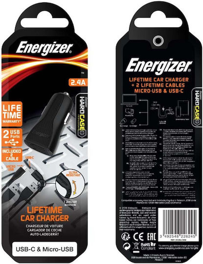 Energizer Auto-Ladegerät 12W 2.4A mit Anschlüssen: 2xUSB mit Kabel Mikro-USB Schwarz Farbe