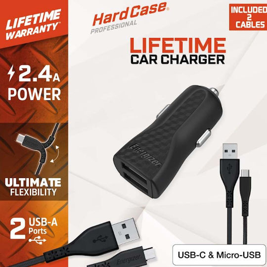 Energizer Auto-Ladegerät 12W 2.4A mit Anschlüssen: 2xUSB mit Kabel Mikro-USB Schwarz Farbe