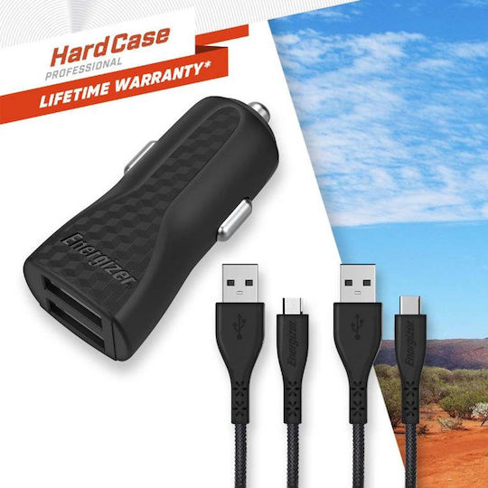 Energizer Auto-Ladegerät 12W 2.4A mit Anschlüssen: 2xUSB mit Kabel Mikro-USB Schwarz Farbe