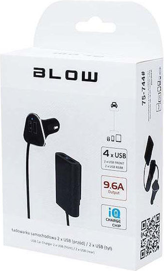 Blow DM-744 Зарядно за кола 48W 9.6Спецификация с Портове: 4xUSB Син Цвят
