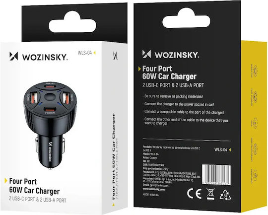 Wozinsky Φορτιστής Αυτοκινήτου 60W 2.5A με Θύρες: 2xUSB 2xType-C Μαύρο Χρώμα