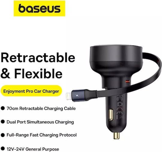 Baseus Pro Cell Phone Car Charger 55W 7A Fast Charging With One Port 1xType-C With Lightning Cable Black Colour