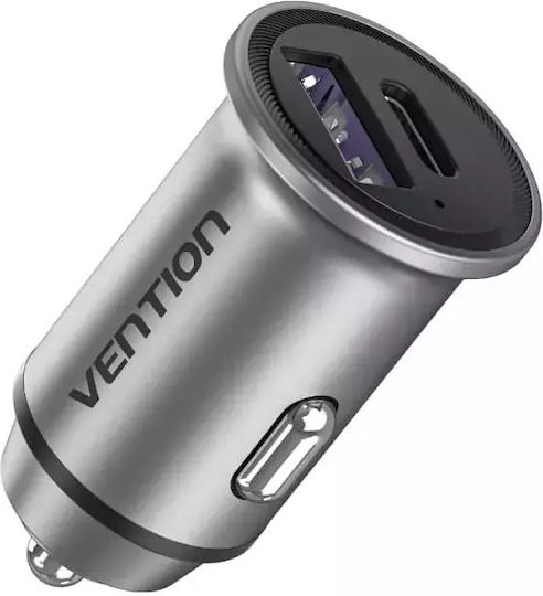 Vention Φορτιστής Αυτοκινήτου 30W με Θύρες: 1xUSB 1xType-C Γκρι